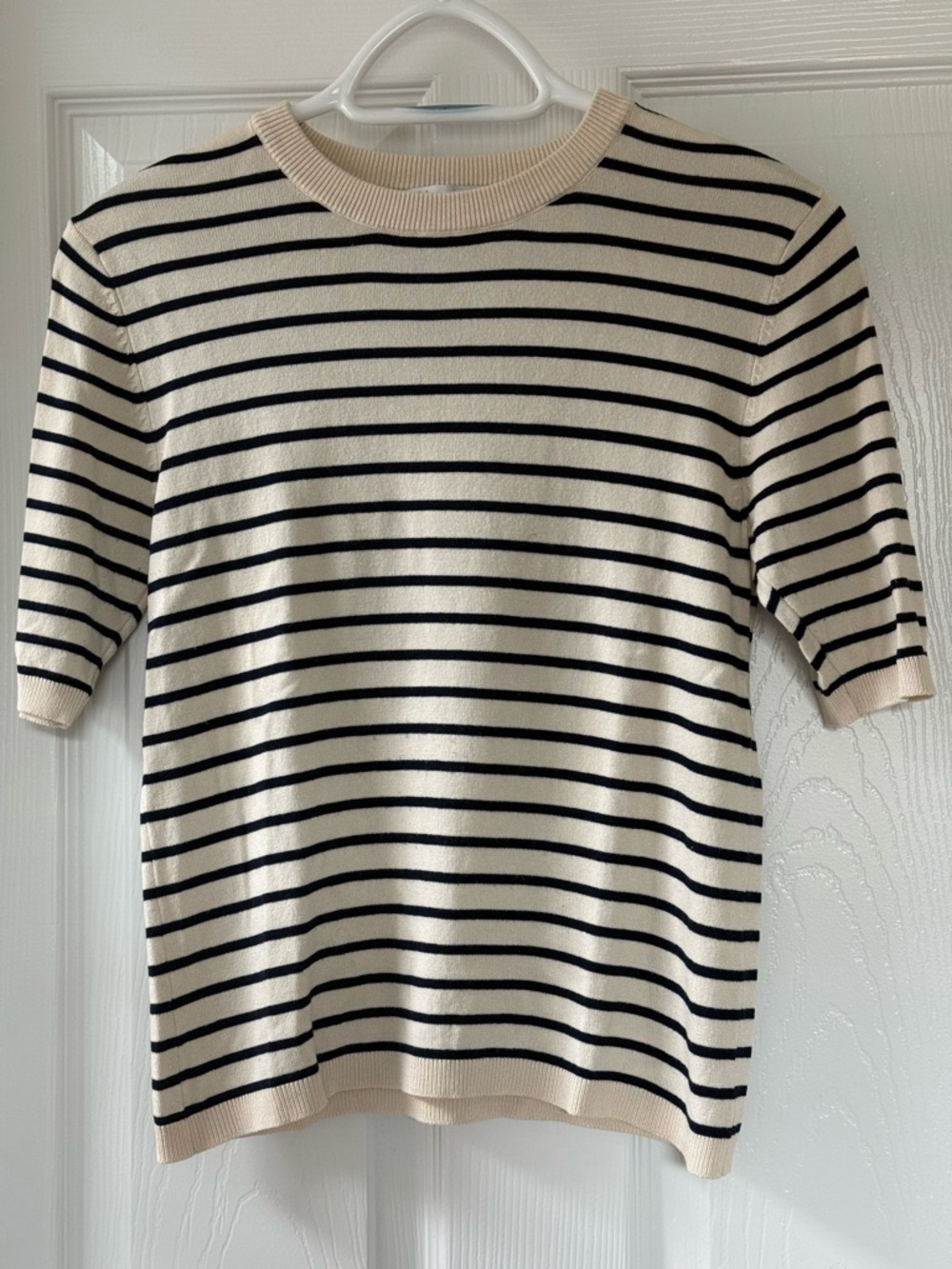 Zara Cream and Black Striped Short Sleeve Sweater